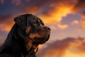 A regal Rottweiler gazing into the distance, set against a vibrant sunset sky, with space for text on the bottom right corner.