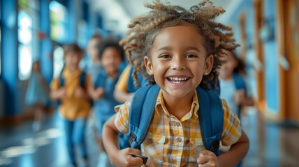 Child with curly hair smiling with backpack - Powered by Adobe