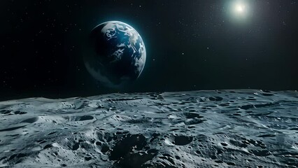 view from the surface of the moon to the blue planet earth. breathtaking views in space. Generative AI
