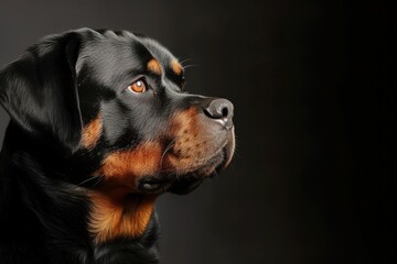 A Rottweiler with an affectionate expression, captured in a candid moment, with space for text along the bottom edge of the image. - obrazy, fototapety, plakaty
