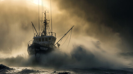 Maritime fishing boat emerging from early morning fog. Mist and a scene common on the Atlantic Seaboard and Grand Banks. - obrazy, fototapety, plakaty