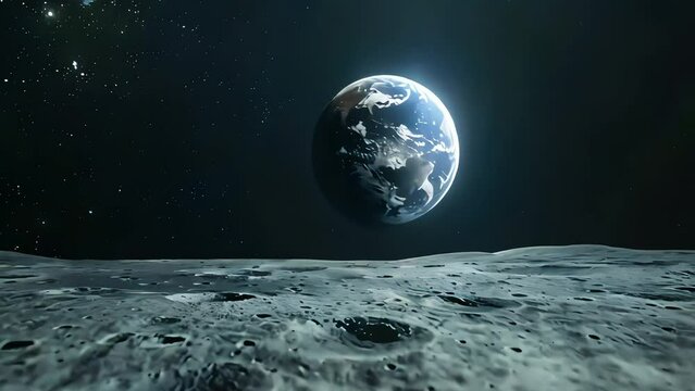 Surface of the moon, with gray cratars. planet earth rotating in the background. starry sky of space. Generative AI