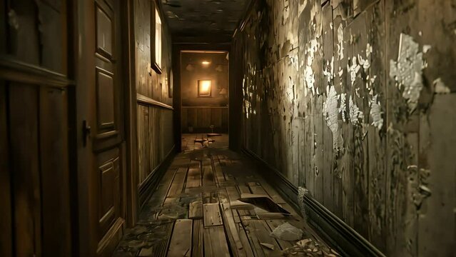 narrow wooden corridor, cracked dirty wooden floor, dirty peeling wallpaper. Generative AI