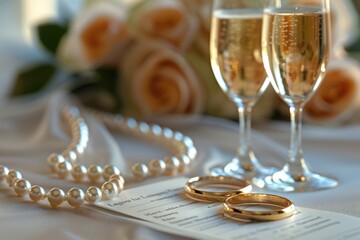 Elegant Wedding Rings with Pearls and Roses Background