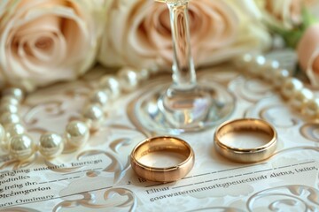 Obraz na płótnie Canvas Elegant Wedding Rings with Pearls and Roses Background