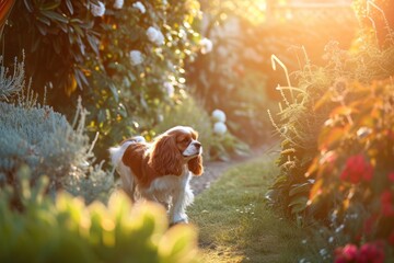 A serene scene featuring a Cavalier King Charles Spaniel enjoying a leisurely stroll through a sunlit garden, its elegant coat shimmering in the dappled light, - obrazy, fototapety, plakaty