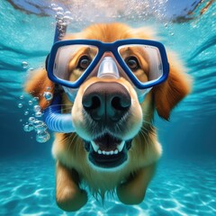 View of funny and cute dog swimming underwater
