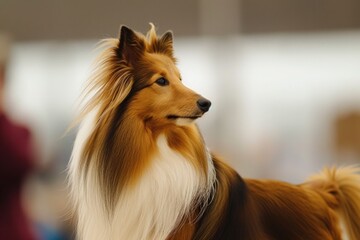 A Sheltie showcasing its striking coat during a conformation show, standing tall and proud as it competes for top honors in the ring,