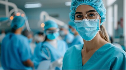 A woman in a blue surgical gown is wearing a mask