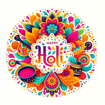 Happy Holi festival of India background with colorful hindu symbols and flowers