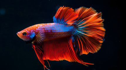 Fototapeta premium An electric blue betta fish, an organism belonging to the rayfinned fish category, with a long tail is gracefully swimming in an underwater aquarium