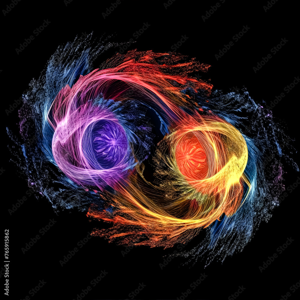 Poster a colorful swirl of light and color with two distinct shapes. the shapes are orange and purple. the 
