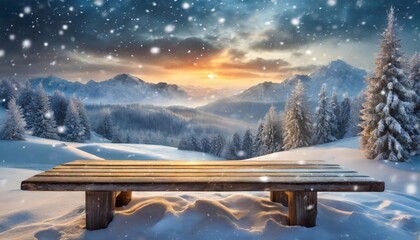 Wooden table on the background of high mountains and snowfall.