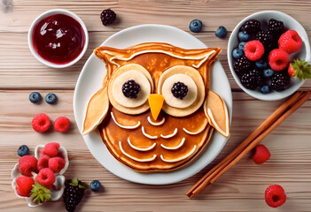Delicious children's breakfast. Pancakes in the form of an owl, blueberries, raspberries, syrup on...