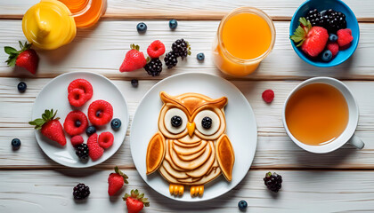 Naklejka na ściany i meble Delicious children's breakfast. Pancakes in the form of an owl, blueberries, raspberries, syrup on a white plate on a light wooden background