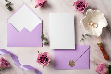 Wedding stationery set. Flat lay wedding invitation card, violet envelopes, wax seal stamp, golden rings, roses on marble desk.