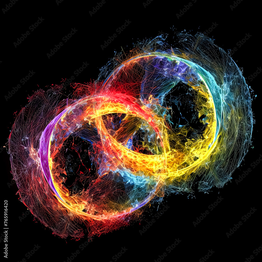 Poster a colorful swirl of light and color with two distinct shapes. the shapes are orange and purple. the 