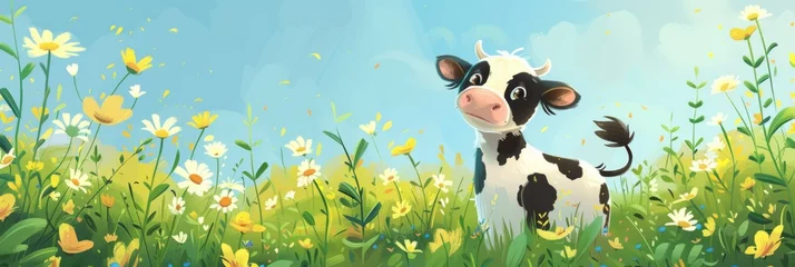 Foto op Plexiglas Happy Cow Cartoon in Lush Green Meadow with Daisy Flowers © Ivy