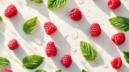 Fresh Raspberries and Green Leaves on White Background