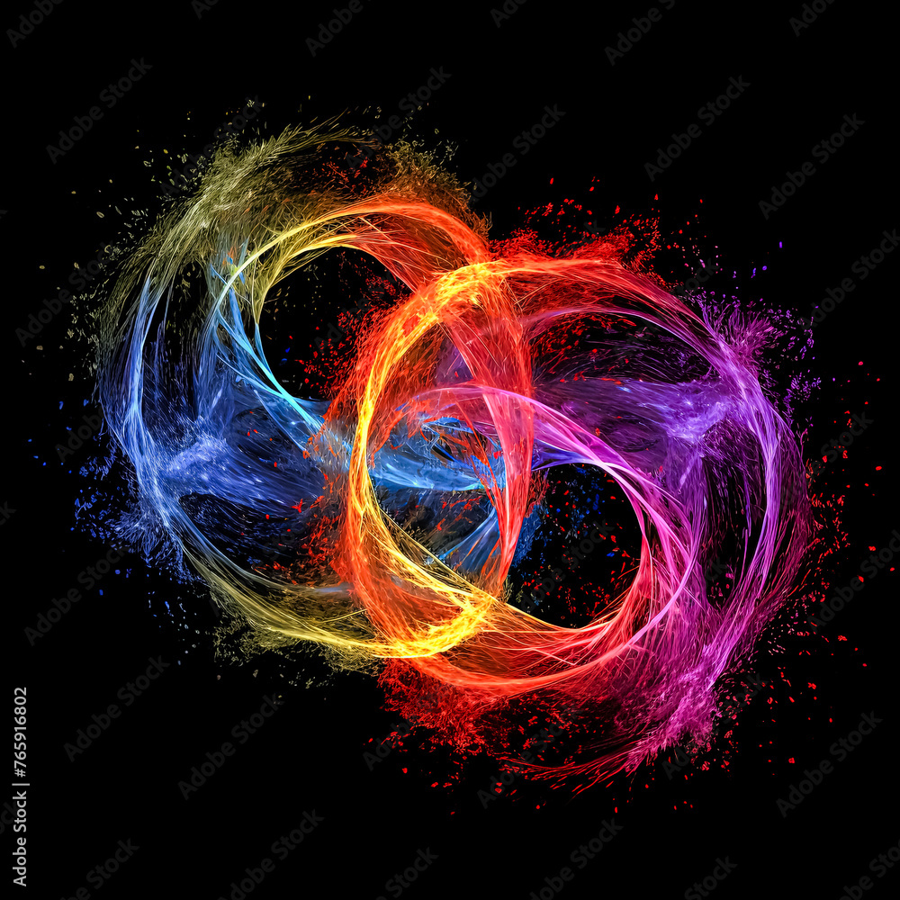 Poster a colorful swirl of light and color with two distinct shapes. the shapes are orange and purple. the 