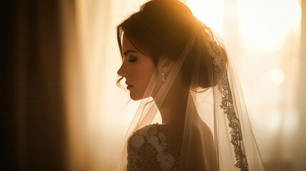 Silhouette of a Bride Against Sunlit Curtains - obrazy, fototapety, plakaty