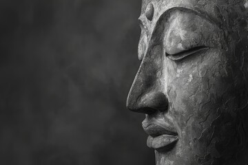 Fototapeta na wymiar Close-Up Detail of a Buddha Statue's Face in Monochrome