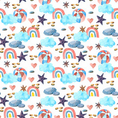 Seamless pattern with clouds, rainbows and starfish.
