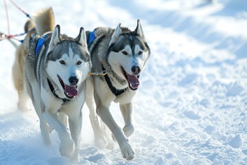 Two Huskies racing through a winter wonderland, their fur fluffed up against the cold as they pull a sled through the pristine snow