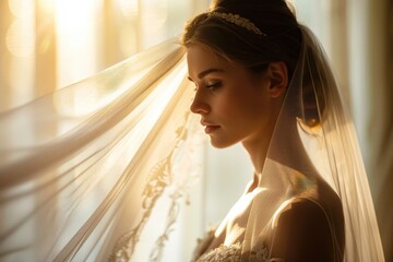 Silhouette of a Bride Against Sunlit Curtains - obrazy, fototapety, plakaty