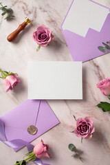 Wedding invitation card with purple envelopes and roses. Flat lay, top view, copy space.