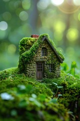 Fototapeta na wymiar Enchanting Miniature House Covered in Moss