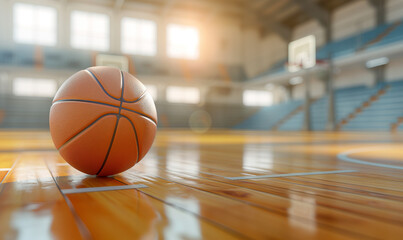 Game Day Ready - Basketball on Polished Hardwood Court - obrazy, fototapety, plakaty