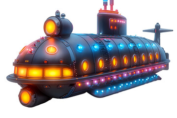 A vibrant 3D cartoon submarine underwater with glowing lights and propellers. - obrazy, fototapety, plakaty