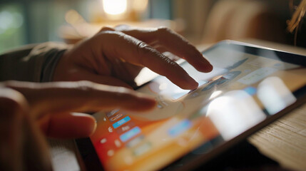 Close-up of Hands Interacting with Educational Tablet Apps - obrazy, fototapety, plakaty