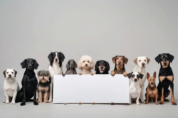 In a heartwarming display of cooperation and companionship, dogs of diverse breeds hold a white...