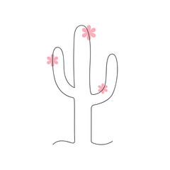 Obraz premium Cactus with flowers drawn in one continuous line. One line drawing, minimalism. Vector illustration.