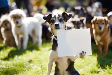 In a heartwarming display of cooperation and companionship, dogs of diverse breeds hold a white sheet of paper in their paws, showcasing their individuality and intelligence. - obrazy, fototapety, plakaty
