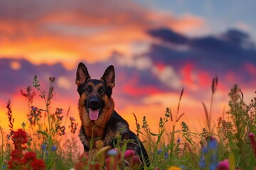 An alert German Shepherd standing guard in a field of vibrant wildflowers, with a colorful sunset sky in the background