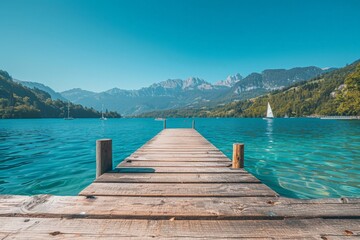 A wooden dock extends over calm waters, sitting peacefully underneath a clear blue sky