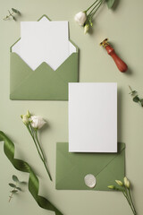 Elegant wedding stationery set with blank paper card, envelopes, wax stamp, flowers on green background.