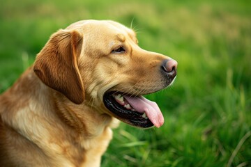 Close-up of a joyful Labrador located on the right side of the frame with a green grass background, providing