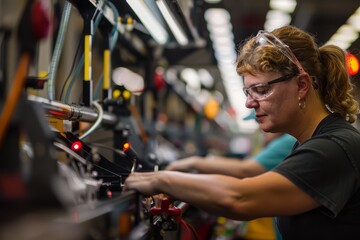 Fototapeta na wymiar Professional Female Worker Using Industrial Machinery, Focused Workplace Scene