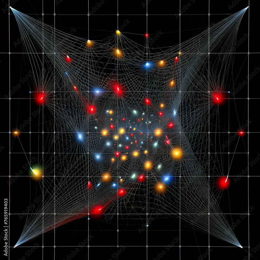 Poster a colorful, abstract drawing of a star with many lines and dots. the drawing is full of energy and m