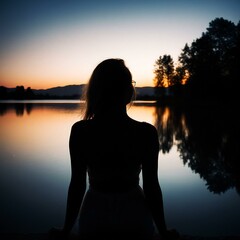 Silhouette of a happy young beautiful woman by the lake at sunset. Back view. Generative AI