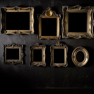 Assorted antique frames in Baroque style against the wall. Collection of empty vintage photo frames on textured wall. Generative AI