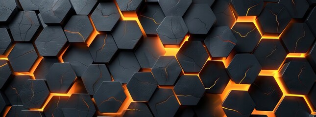 Abstract black hexagon pattern on neon gradient orange background technology style. Honeycomb. AI generated illustration - obrazy, fototapety, plakaty