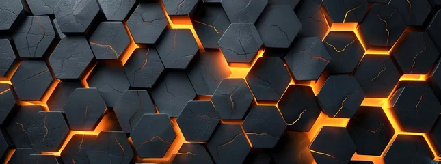 Fotobehang Abstract black hexagon pattern on neon gradient orange background technology style. Honeycomb. AI generated illustration © moon
