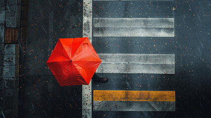 横断歩道と赤い傘 - obrazy, fototapety, plakaty