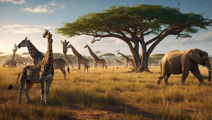 herd of wildebeest in the savannah, herd of zebras in the savannah, herd of zebras - obrazy, fototapety, plakaty