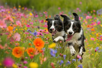 Two Border Collies racing each other through a vibrant field of wildflowers, their agile bodies weaving gracefully through the colorful blooms,